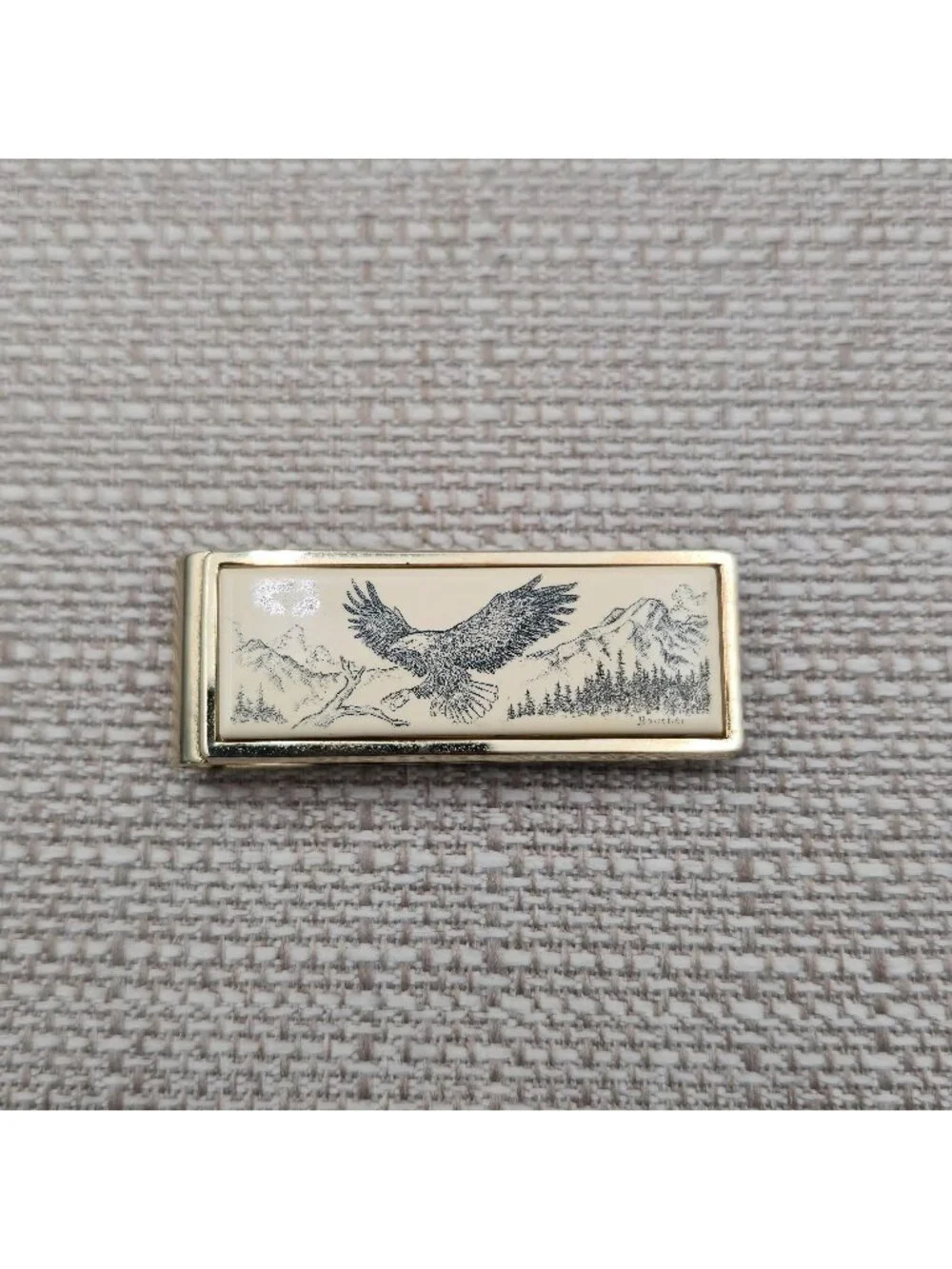 Vintage Gold Tone Scrimshaw Eagle Mountain Scene Minimalist Men's Money Clip B14